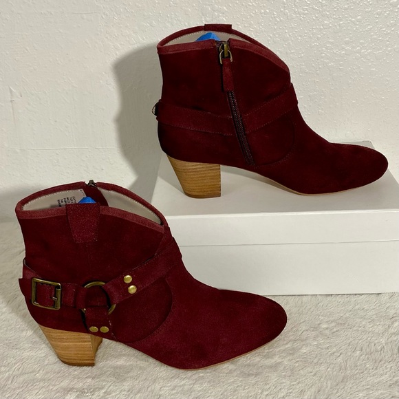 Nordstrom Hinge Billy Burgundy Suede Harness Booties Women’s Size 7.5M - Picture 3 of 13